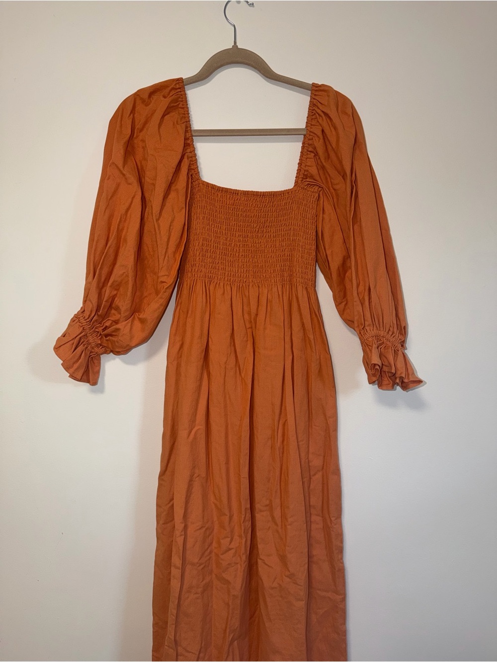 Puff-Sleeve Smocked Maxi Dress in Burnt Orange